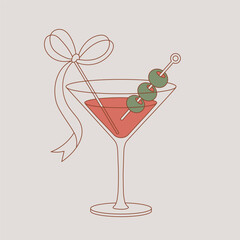 Martini glass with a red cocktail, three olives on a skewer, and a decorative bow, isolated on a neutral background vector illustration