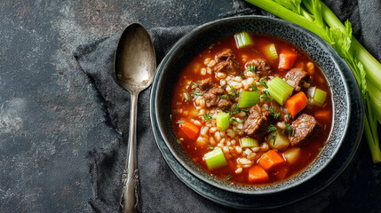 Hearty beef and barley soup with carrots, celery, and onions served in a bowl on a concrete background