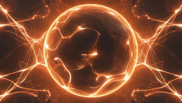 seamlessly looped motion graphics video in 4K resolution at 60 frames per second featuring an abstract sphere composed of glowing orange and red waves and curvy energy lines  set against a shiny
