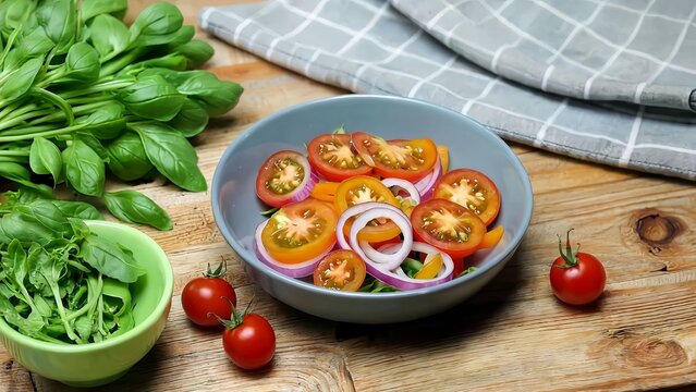 Fresh tomato salad with basil and red onion rings in a bowl on a wooden table ready to eat a healthy meal perfect for food blogs and culinary websites