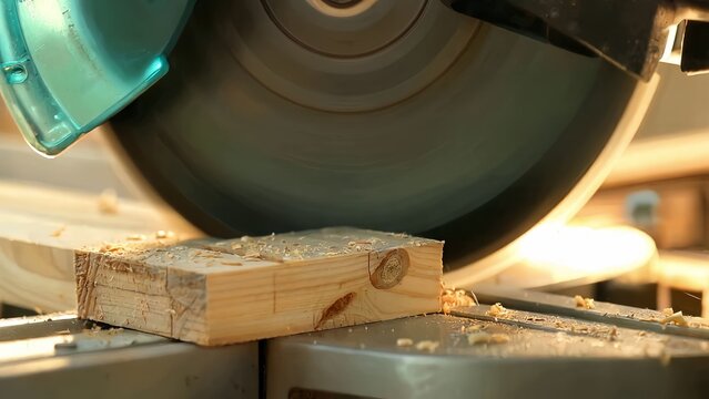 Circular saw cutting through a wooden plank in a workshop showcasing woodworking tools and craftsmanship for carpentry and diy projects with precision and skill