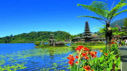 herrliche Aussicht auf den Bratansee mit hinduistischem Tempeln und Berg unter blauem Himmel in Bali und rote Blumen im Vordergrund