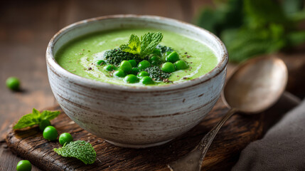 Bowl of creamy broccoli and green pea soup garnished with herbs on rustic table
