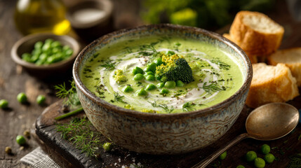 Bowl of creamy broccoli and green pea soup garnished with herbs on rustic table