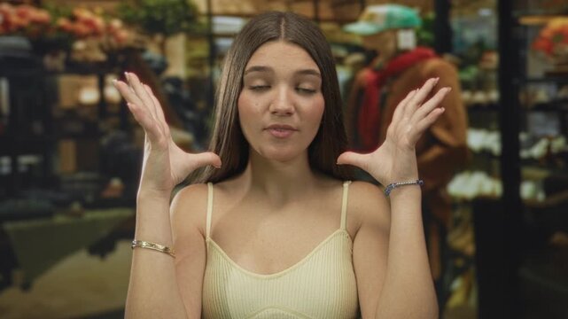 Woman with hands to temples in a retail building, eyes closed and palms near head; shopping anxiety.