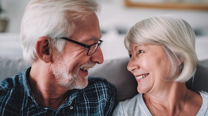 Senior couple smiling at each other in cozy living room environment