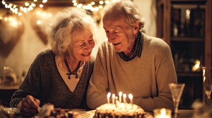 Elderly couple celebrating birthday with cake and candles at home