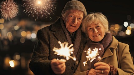 Elderly couple holding sparklers and smiling together at night  