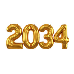 Gold 2034 balloons on black background year future isolated on a transparent background
