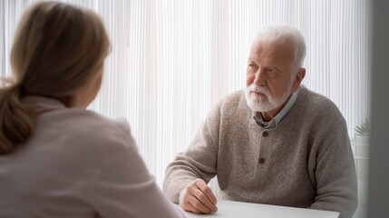 Elderly man listening thoughtfully during conversation with woman  