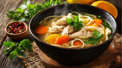 Hot bowl of chicken noodle soup on wooden surface, healthy comfort food