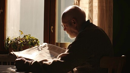 Elderly man reading newspaper by window in morning light  