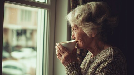 Elderly woman sipping tea by the window in a calm morning atmosphere  