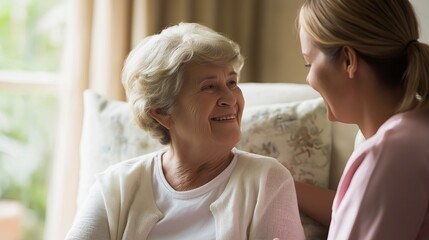Elderly woman smiling at caregiver while sitting in cozy room  