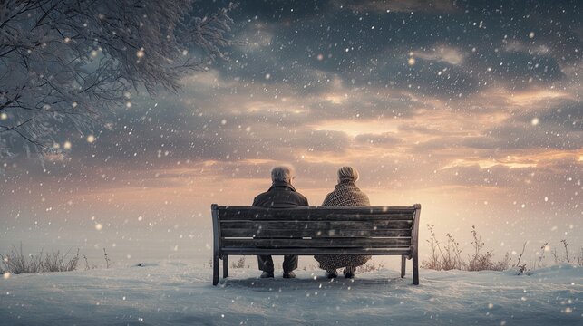 Elderly couple sitting on a bench in snowy park during winter