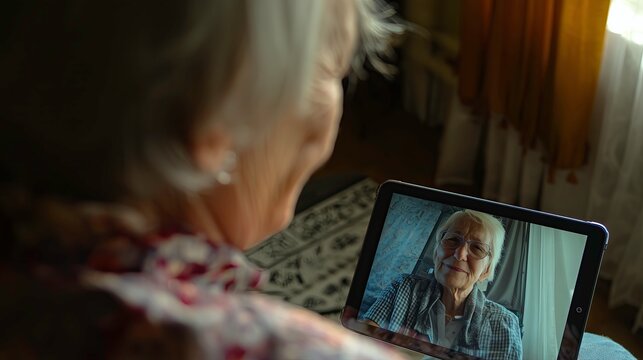 Elderly woman video chatting on tablet while sitting at home - Powered by Adobe