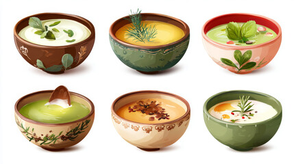 Collection of various soup bowls with cream soup and decorations, isolated on white background in realistic style