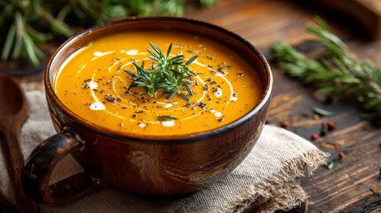 Homemade creamy pumpkin soup with herbs on wooden surface