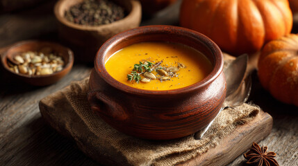 Homemade creamy pumpkin soup with herbs on wooden surface