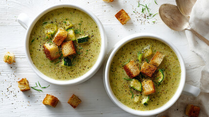 Creamy broccoli and zucchini soup with croutons served in a bowl on a white wooden table