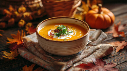Homemade creamy pumpkin soup with herbs on wooden surface