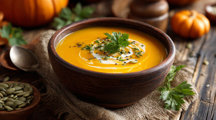Homemade creamy pumpkin soup with herbs on wooden surface
