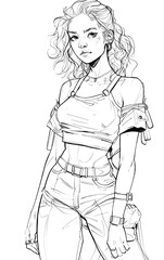 Confident young woman in trendy outfit, ready for adventure, a captivating line art sketch with depth and style for fashion, lifestyle, and edgy vibes