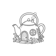 Enchanting fairy house kettle illustration for whimsical storybooks and coloring pages, ideal for children's designs and fantasy themes, charming tea time escape