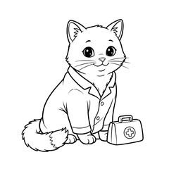 Adorable cartoon cat dressed as a doctor with a first aid kit, perfect for children's books, healthcare promotions, or educational materials, vector origin