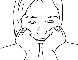 Expressive line art of a thoughtful face resting on hands, capturing introspection, sketch effect, perfect for illustrating emotions and inner reflection