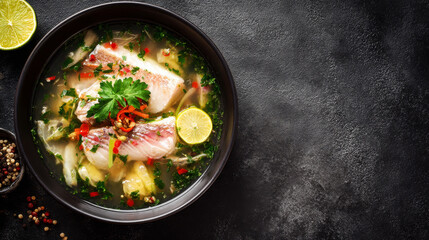 Fresh fish soup served in ceramic bowl on dark textured surface, top view