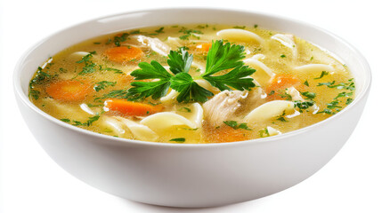 Instant chicken noodle soup with parsley garnish served in a white ceramic bowl on white background.