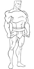 Muscular warrior stands ready, a strong and confident hero ready for battle, hand-drawn linework, a modern take on classic strength and courage