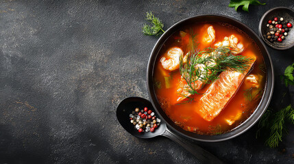 Fresh fish soup served in ceramic bowl on dark textured surface, top view