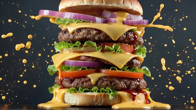  An Exploded View Animation of a Layered Cheeseburger with Droplets of Sauce Suspended Mid-Air Against a Dark Background Highlighting Each Component in Vivid