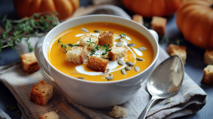 Bowl of pumpkin puree soup topped with cream, croutons, and pumpkin seeds on a rustic table