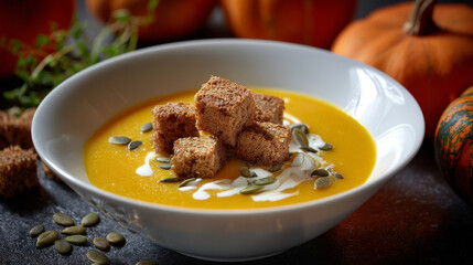 Bowl of pumpkin puree soup topped with cream, croutons, and pumpkin seeds on a rustic table