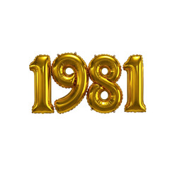 Shiny gold 1981 year balloons with transparent background number golden isolated on a transparent background