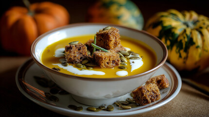 Bowl of pumpkin puree soup topped with cream, croutons, and pumpkin seeds on a rustic table
