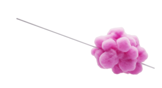Vibrant pink fluffy amorphous cloud delicately balanced on slender white rod in pristine studio with vast negative space, symbolizing modern simplicity and cloud technology concept