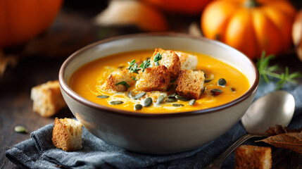 Homemade autumn pumpkin soup with garnish and bread cubes.