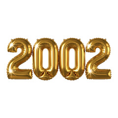 Shiny gold balloons forming the year 2002 with light reflections on black numbers golden isolated on a transparent background