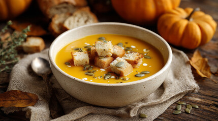 Homemade autumn pumpkin soup with garnish and bread cubes.