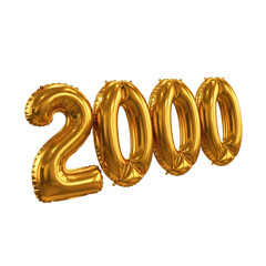 Shiny gold foil balloons forming the number 2000 with reflective highlights on black background year isolated on a transparent background