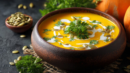 Creamy pumpkin soup garnished with parsley and seeds on dark rustic table