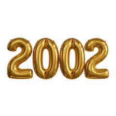 Shiny gold foil balloons spelling out the year 2002 on a black background golden isolated on a transparent background