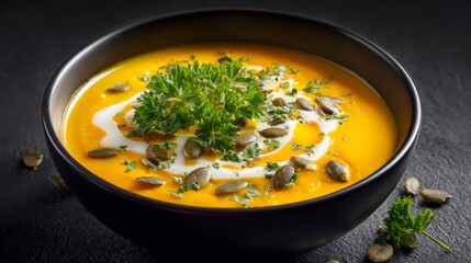 Creamy pumpkin soup garnished with parsley and seeds on dark rustic table