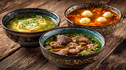 Assorted international soups with fresh vegetables, including noodle broth, beef soup, and dumpling broth on rustic table