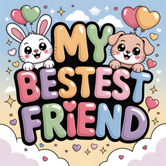 Obraz premium My Bestest Friend Graphic: Cute Bunny and Puppy Illustration with Bubbly Text