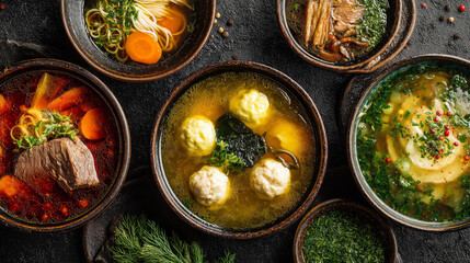 Assorted international soups with fresh vegetables, including noodle broth, beef soup, and dumpling broth on rustic table